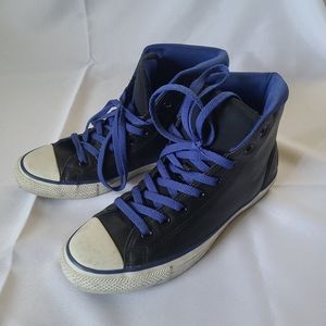 Leather Converse Allstars Black High Tops With Blue Trim 8 Men's